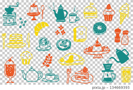手描き風のカフェメニューとスイーツのカラフルなイラストセット 手描き風のカフェメニューとスイーツのカラフルなイラストセット 134669393