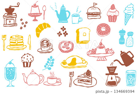手描き風のカフェメニューとスイーツのポップなカラーイラストセット 134669394
