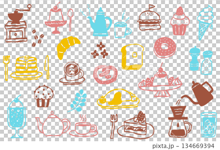 手描き風のカフェメニューとスイーツのポップなカラーイラストセット 134669394