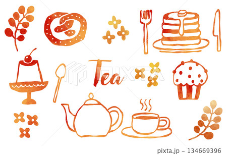 紅茶アイテムの手描き風イラストセット(水彩テクスチャ・オレンジ) 紅茶アイテムの手描き風イラストセット(水彩テクスチャ・オレンジ) 134669396