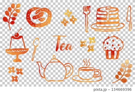 手繪茶具插畫集（水彩紋理，橘色） 134669396