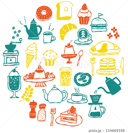手描き風のカフェメニューとスイーツのカラフルなイラストセット 134669398