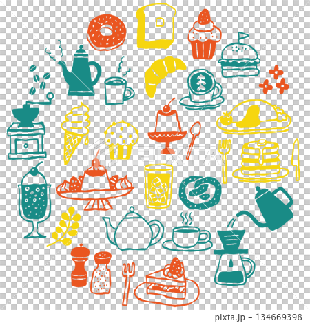 手描き風のカフェメニューとスイーツのカラフルなイラストセット 134669398