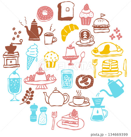 手描き風のカフェメニューとスイーツのポップなカラーイラストセット 134669399
