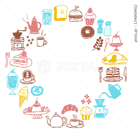 手描き風カフェアイコンとスイーツのパステルカラー円形フレーム・飾り枠素材 134669402