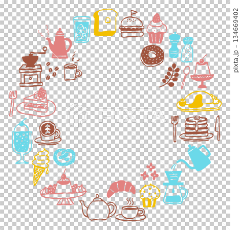 手繪咖啡館圖示和甜點粉彩色圓形邊框/裝飾邊框材料 134669402