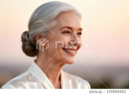 Serene elderly woman smiling against sunset background for wellness and happiness concepts 134669483