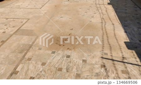 outdoor tiled surface with central dust patch 134669506