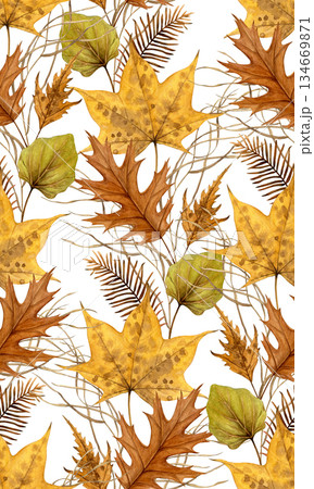 Seamless watercolor pattern of autumn leaves, dried metasequoia branches and grass on a white background. Hand-painted botanical style. Good for textiles, wallpapers and fall designs Seamless watercolor pattern of autumn leaves, dried metasequoia branches and grass on a white background. Hand-painted botanical style. Good for textiles, wallpapers and fall designs 134669871