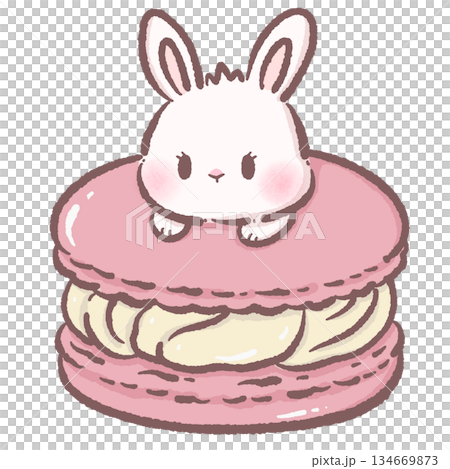 Cute Bunny Sleeping On Giant Pink Macaron Dessert Illustration Sweet Kawaii Bakery Style Spring Pastel Rabbit Treat Fantasy Clipart 134669873