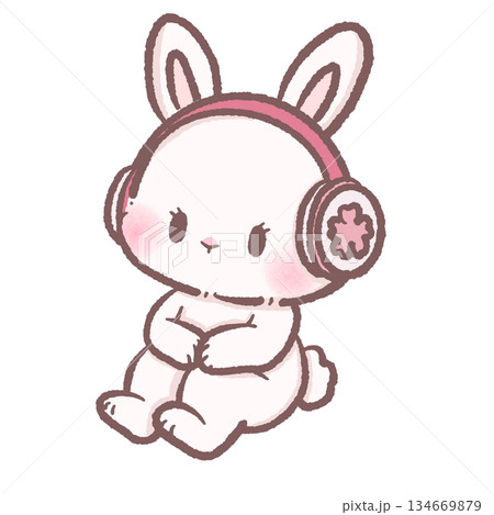 Soft kawaii bunny wearing cozy pink headphones enjoying a peaceful spring moment surrounded by gentle sakura vibes pastel calm music mood illustration 134669879