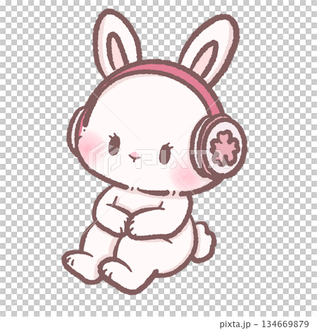 Soft kawaii bunny wearing cozy pink headphones enjoying a peaceful spring moment surrounded by gentle sakura vibes pastel calm music mood illustration Soft kawaii bunny wearing cozy pink headphones enjoying a peaceful spring moment surrounded by gentle sakura vibes pastel calm music mood illustration 134669879