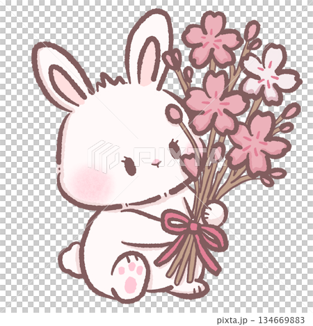 Cute Sakura Bunny Holding Cherry Blossom Bouquet Soft Pastel Rabbit Illustration Kawaii Spring Floral Clipart For Stickers Cards And Gifts 134669883