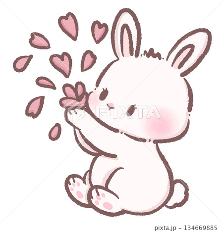 Cute kawaii white bunny playing with floating sakura petals soft pastel spring illustration for stickers cards and Japanese themed designs 134669885