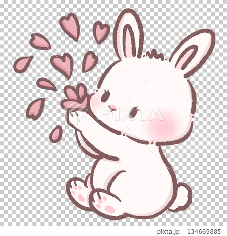 Cute kawaii white bunny playing with floating sakura petals soft pastel spring illustration for stickers cards and Japanese themed designs Cute kawaii white bunny playing with floating sakura petals soft pastel spring illustration for stickers cards and Japanese themed designs 134669885