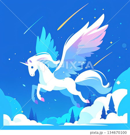 夜空を舞うペガサスと雲の背景 134670100