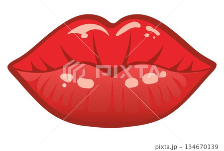 Stylized, glossy vector illustration of bright red, luscious lips set against a white background, showing highlights and subtle texture details Stylized, glossy vector illustration of bright red, luscious lips set against a white background, showing highlights and subtle texture details 134670139