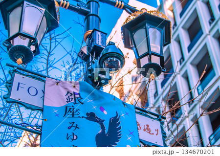 日本の東京都市景観　街角の防犯カメラ作動中。銀座みゆき通りの防犯カメラ 134670201