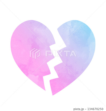 ひび割れたシンプルなハートの手描き水彩イラスト ピンク 水色 グラデーション 134670250