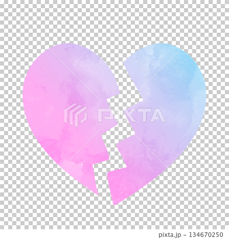 ひび割れたシンプルなハートの手描き水彩イラスト ピンク 水色 グラデーション 134670250