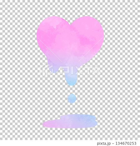 Hand-drawn watercolor illustration of a melting heart creating a puddle, pink, light blue, gradient Hand-drawn watercolor illustration of a melting heart creating a puddle, pink, light blue, gradient 134670253