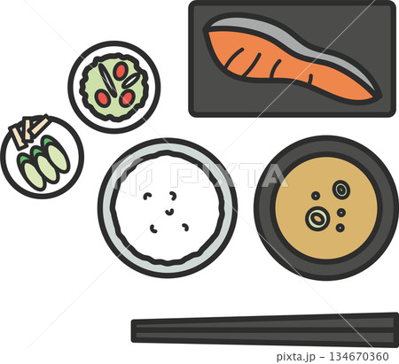 焼き鮭の定食イラスト　朝食 134670360