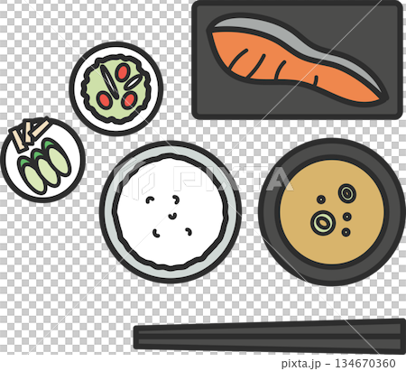 焼き鮭の定食イラスト　朝食 134670360