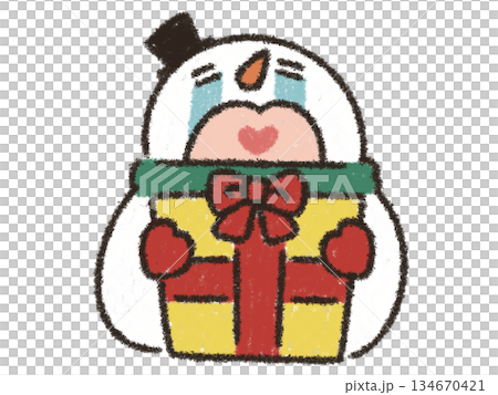 Snowman happy with his Christmas present 134670421