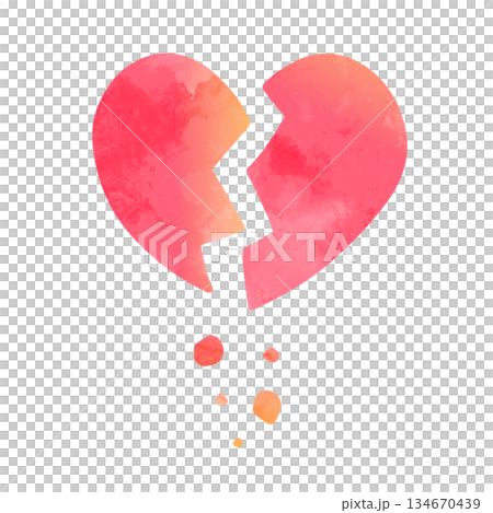 Hand-drawn watercolor illustration of a cracked heart with pieces falling apart. Red, yellow, gradation. 134670439