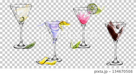 Set of Aviation, Espresso martini, Cosmopolitan or Strawberry Daiquiri drinks. Citrus, olive and coffee beans. Watercolor wash with ink line glasses hand drawn for product labels or culinary blog art. Set of Aviation, Espresso martini, Cosmopolitan or Strawberry Daiquiri drinks. Citrus, olive and coffee beans. Watercolor wash with ink line glasses hand drawn for product labels or culinary blog art. 134670508
