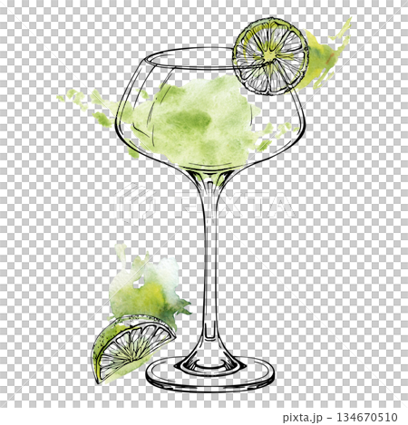 Lime tequila Margarita served in coupe glass, fresh citrus garnish on rim. Isolated mixed watercolor and ink hand drawn artwork. Ideal for mixology posters, digital menus, drink-themed wrapping paper. 134670510