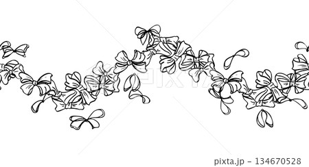 Ribbon bows with single and double loops forming elegant wavy border. Seamless banner isolated illustration. Vector hand drawn in ink. Ideal for luxury branding, invitations, boutique signage. Ribbon bows with single and double loops forming elegant wavy border. Seamless banner isolated illustration. Vector hand drawn in ink. Ideal for luxury branding, invitations, boutique signage. 134670528