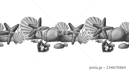 Seamless starfish shell marine border 134670864