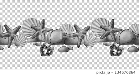 Seamless starfish shell marine border 134670864
