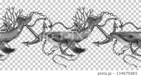 Seamless Whale Anchor Border 134670865