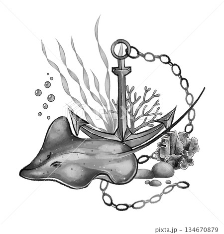 Black and white anchor with ray and corals Black and white anchor with ray and corals 134670879