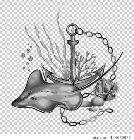Black and white anchor with ray and corals 134670879