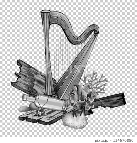 Harp and bottle underwater illustration Harp and bottle underwater illustration 134670880