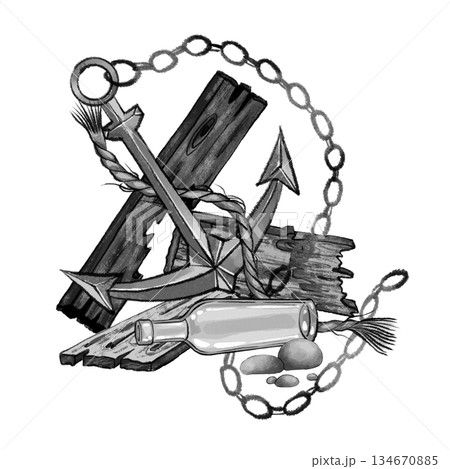 Anchor with boards and bottle illustration 134670885