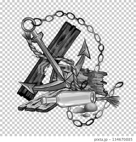 Anchor with boards and bottle illustration 134670885