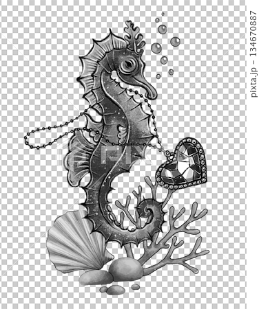 Black and white seahorse heart composition 134670887