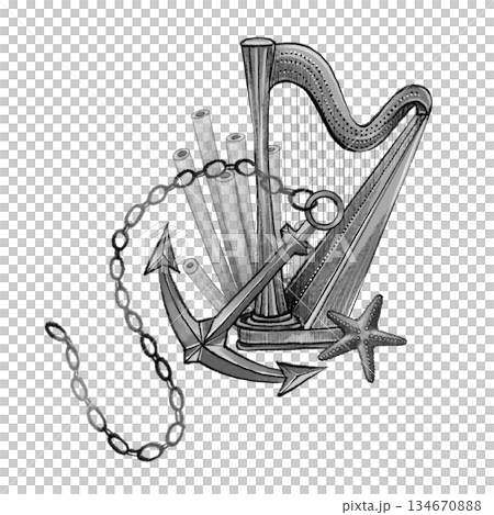 Anchor and harp with starfish composition 134670888