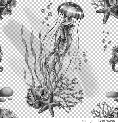 Black and white jellyfish marine pattern 134670890