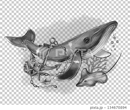 Black and white whale with anchor and stingray 134670894