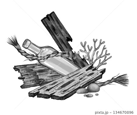 Bottle with coral and broken boards Bottle with coral and broken boards 134670896