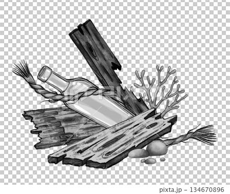 Bottle with coral and broken boards Bottle with coral and broken boards 134670896