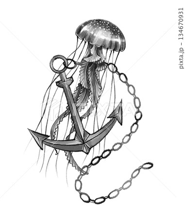 Anchor and jellyfish black and white art 134670931