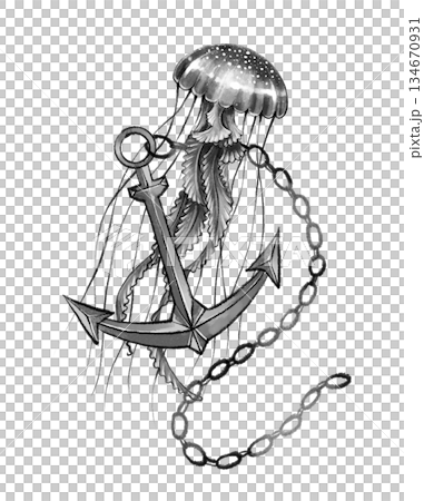 Anchor and jellyfish black and white art 134670931