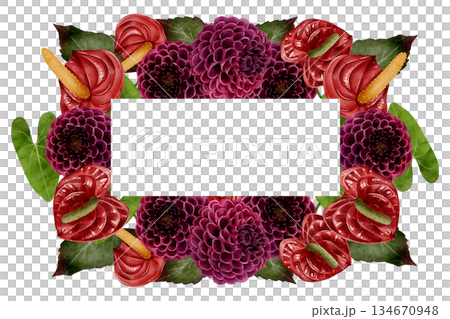 Watercolor dahlia and anthurium frame 134670948