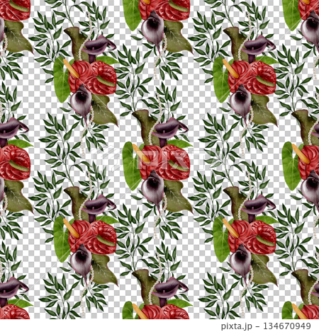 Watercolor anthurium and calla seamless pattern 134670949